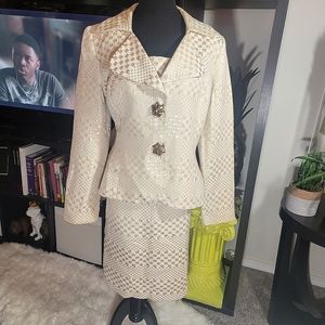 Lily & Taylor Metallic Gold/Cream Checkered Dress Suit Crystal Buttons sz 14